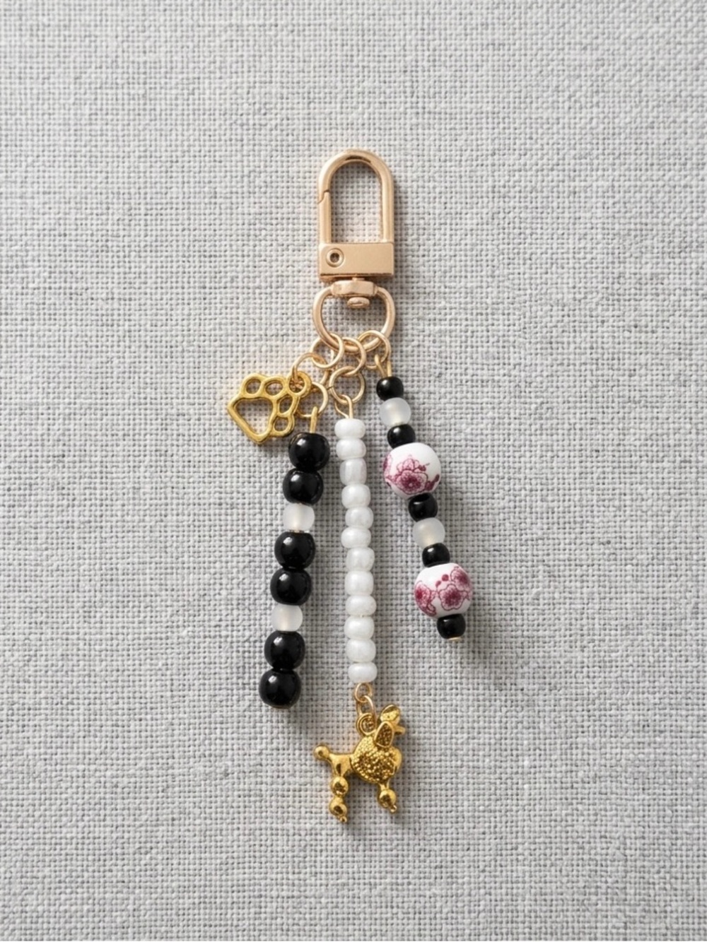 Poodle Handmade Beaded Bag Charm Keychain with Pink Floral Detail - Picture 2 of 5